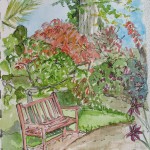 Watercolour sketch Bench & flowers