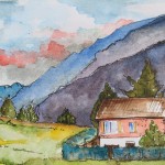 Watercolour sketch House in Italian mountains